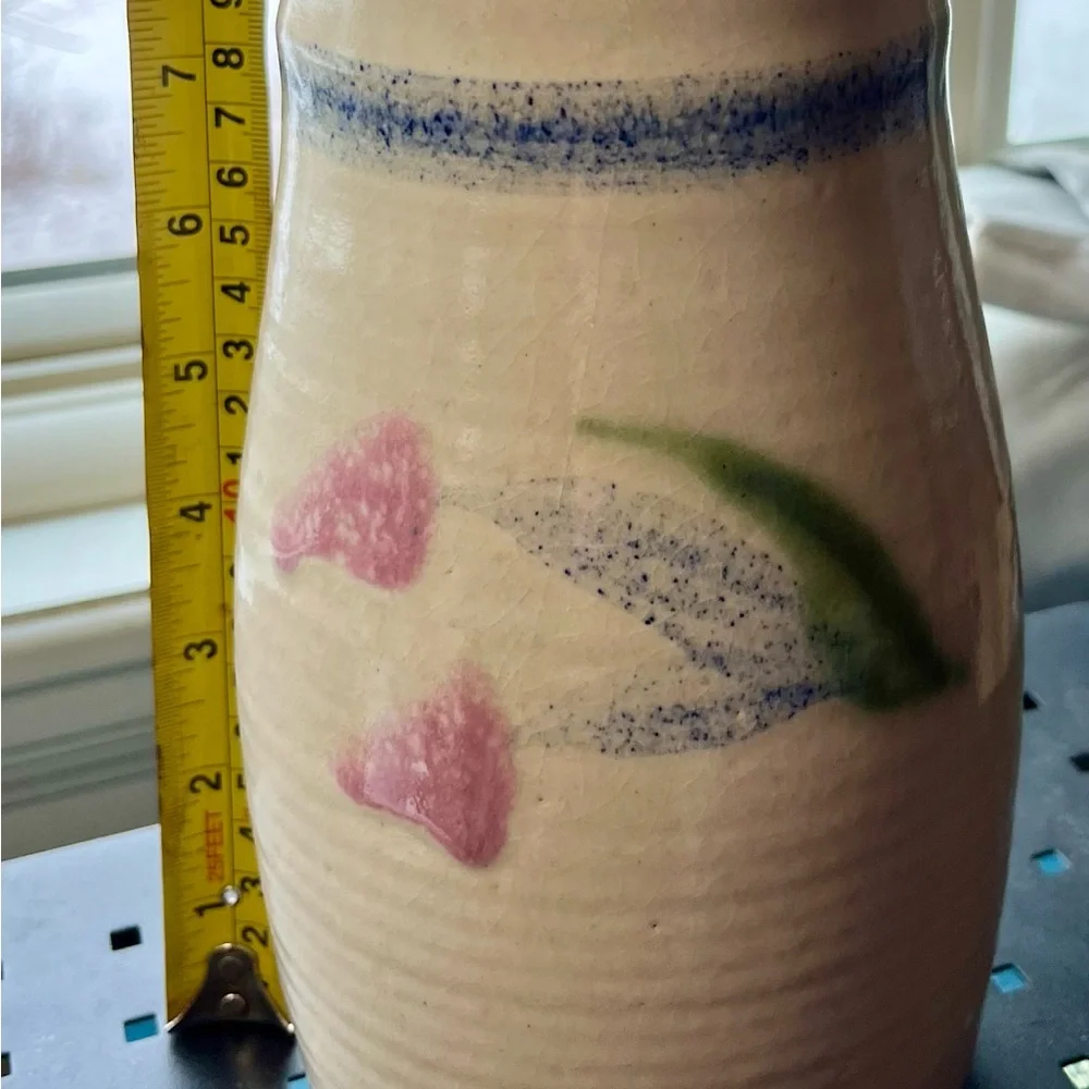 Hand‎ thrown pottery Vase cream with blue floral Signed 2002